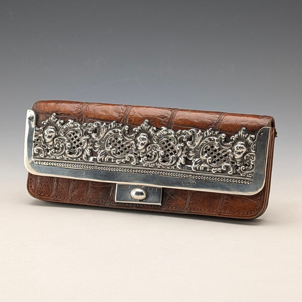 Circa 1900 British antique sterling silver decorated small leather wallet with coin purse Edward Langridge